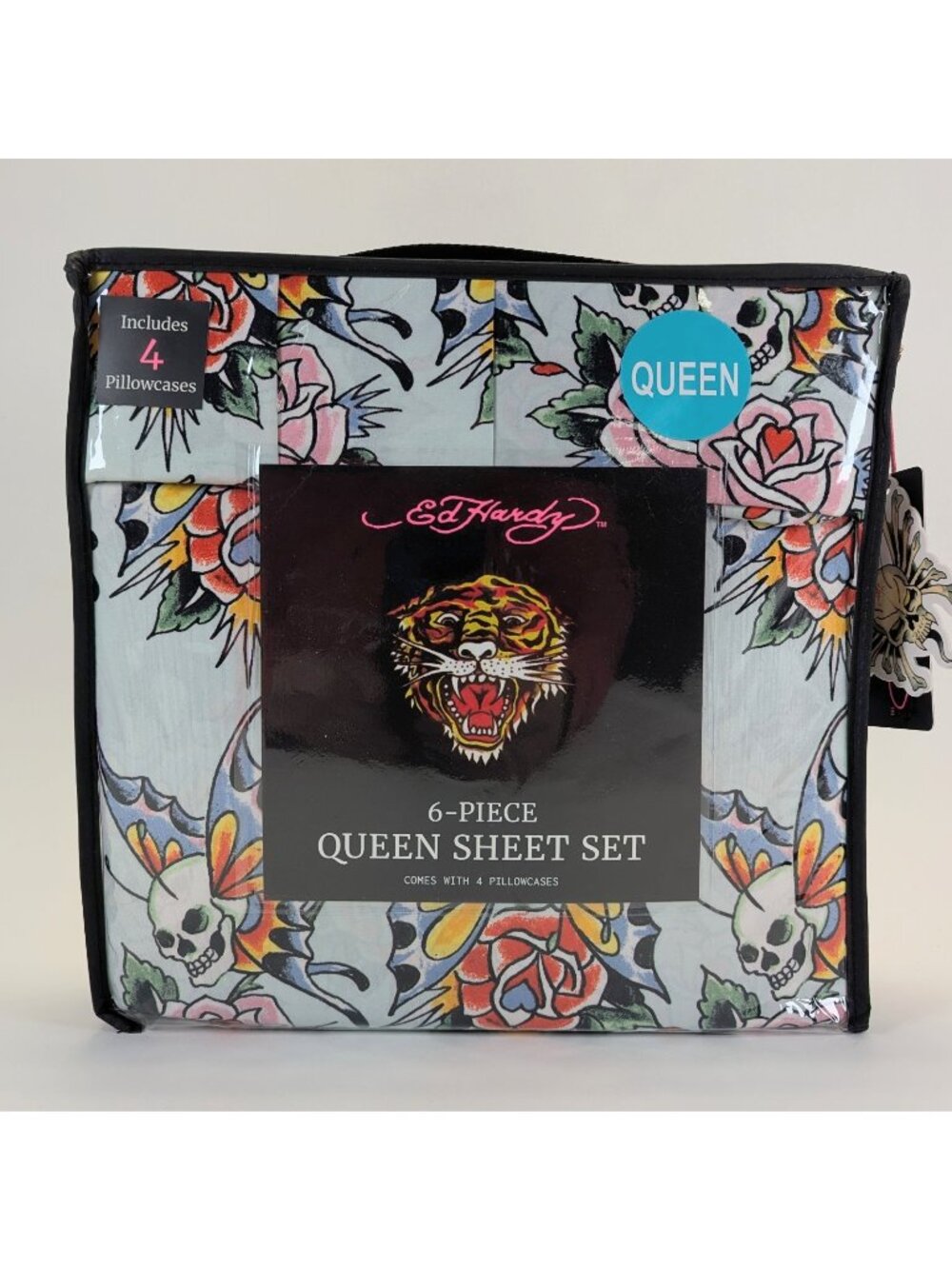 Ed Hardy Queen Sheet Set 6-Piece w 4 Pillowcases Green Skull Rose Butterfly